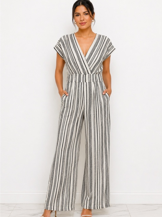 American Eagle Outfitters Pants - American Eagle Outfitters Black & White Striped V-Neck Wide-Leg Jumpsuit